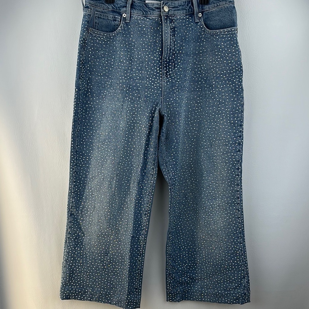 Good American High Waisted Wide Leg Cropped Sequin Denim Jeans